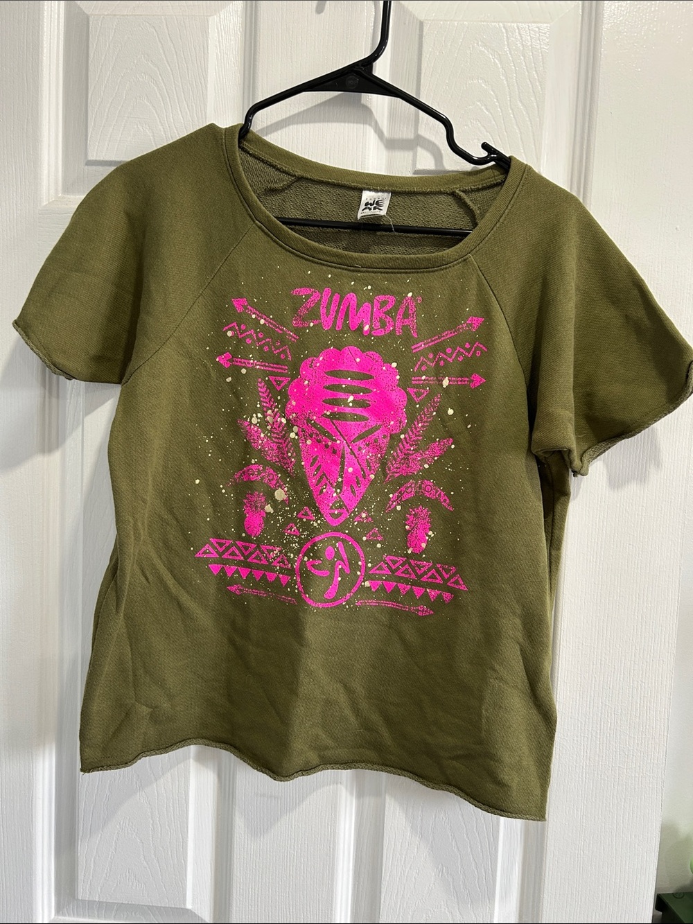 Zumba Fitness Olive Green Short Sleeve Tee with Bright Pink Graphic